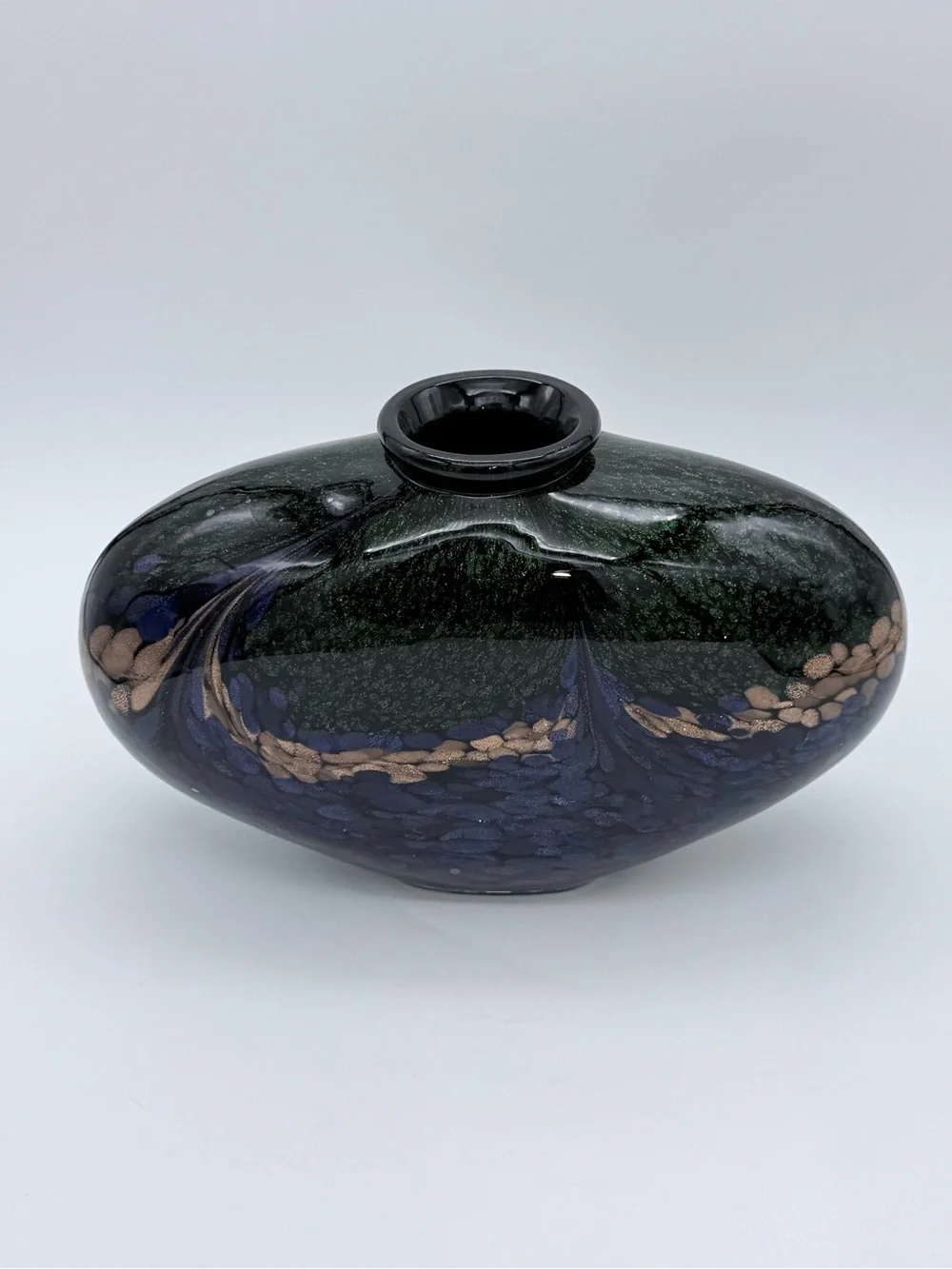 Dale Tiffany Style Heavy Squat Vase Mouth Blown Colorful Peacock Gold Accent